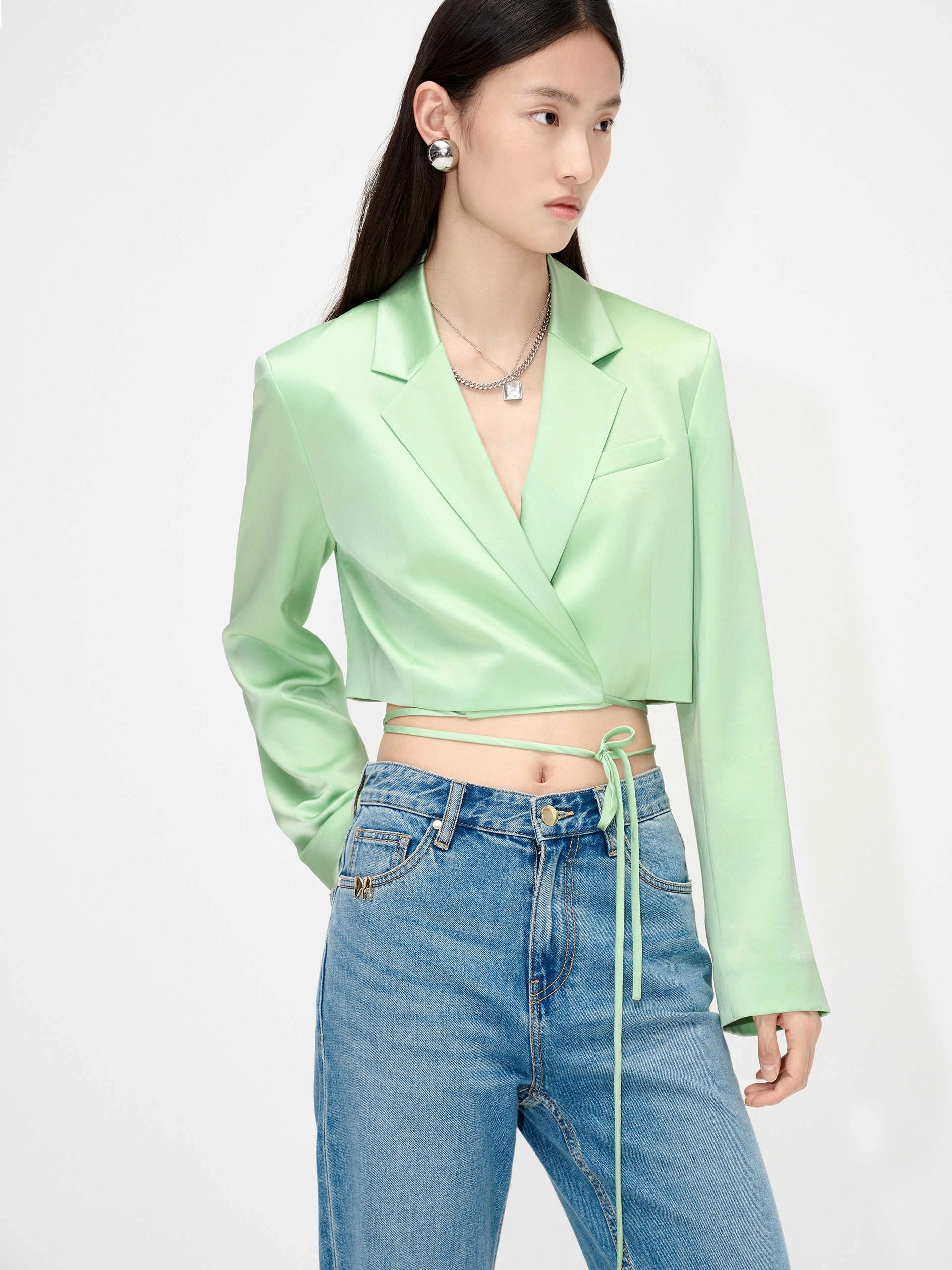 Strap Details Satin Blazer Bonded Fabric
