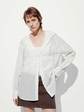 Sheer Drawstring Hood Shirt High-Quality Fabric