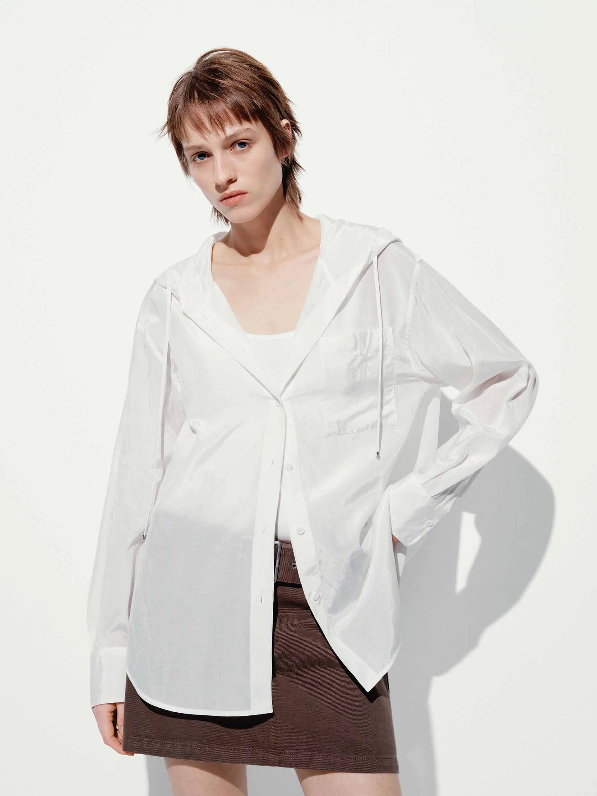 Sheer Drawstring Hood Shirt Seamless Shoulder