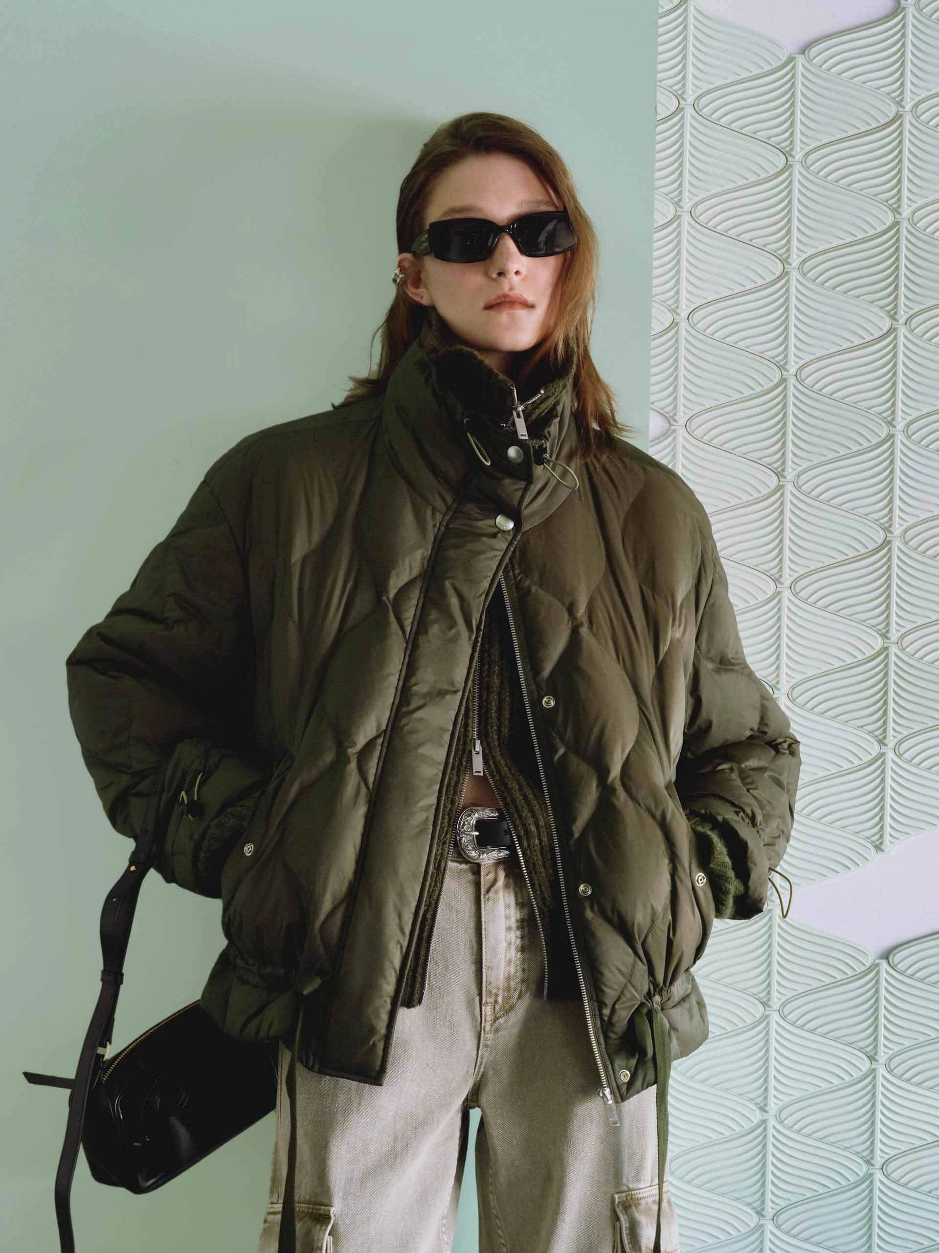 Multi Pocket Tie Hem Quilted Down Jacket