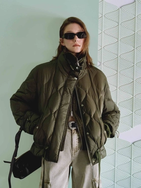 Tie Hem Quilted Down Jacket HighCollarDesign Wind Resistant Coating