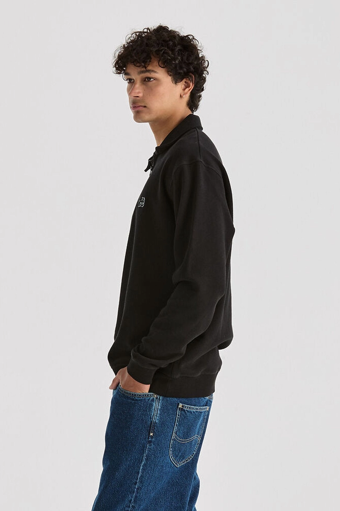 Classic Casual Look Collar Fleece Sweat Black