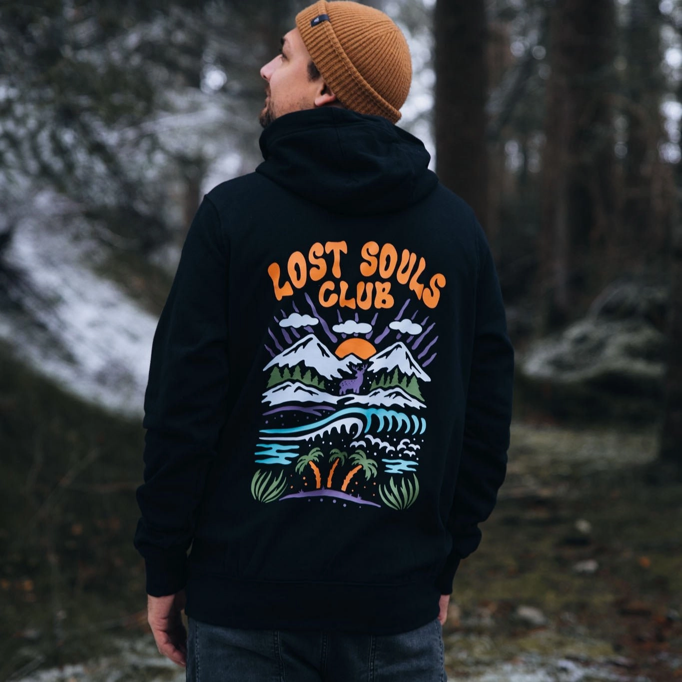 Ribbed Hem Glossy Look Organic "Lost Souls Club" Hoodie