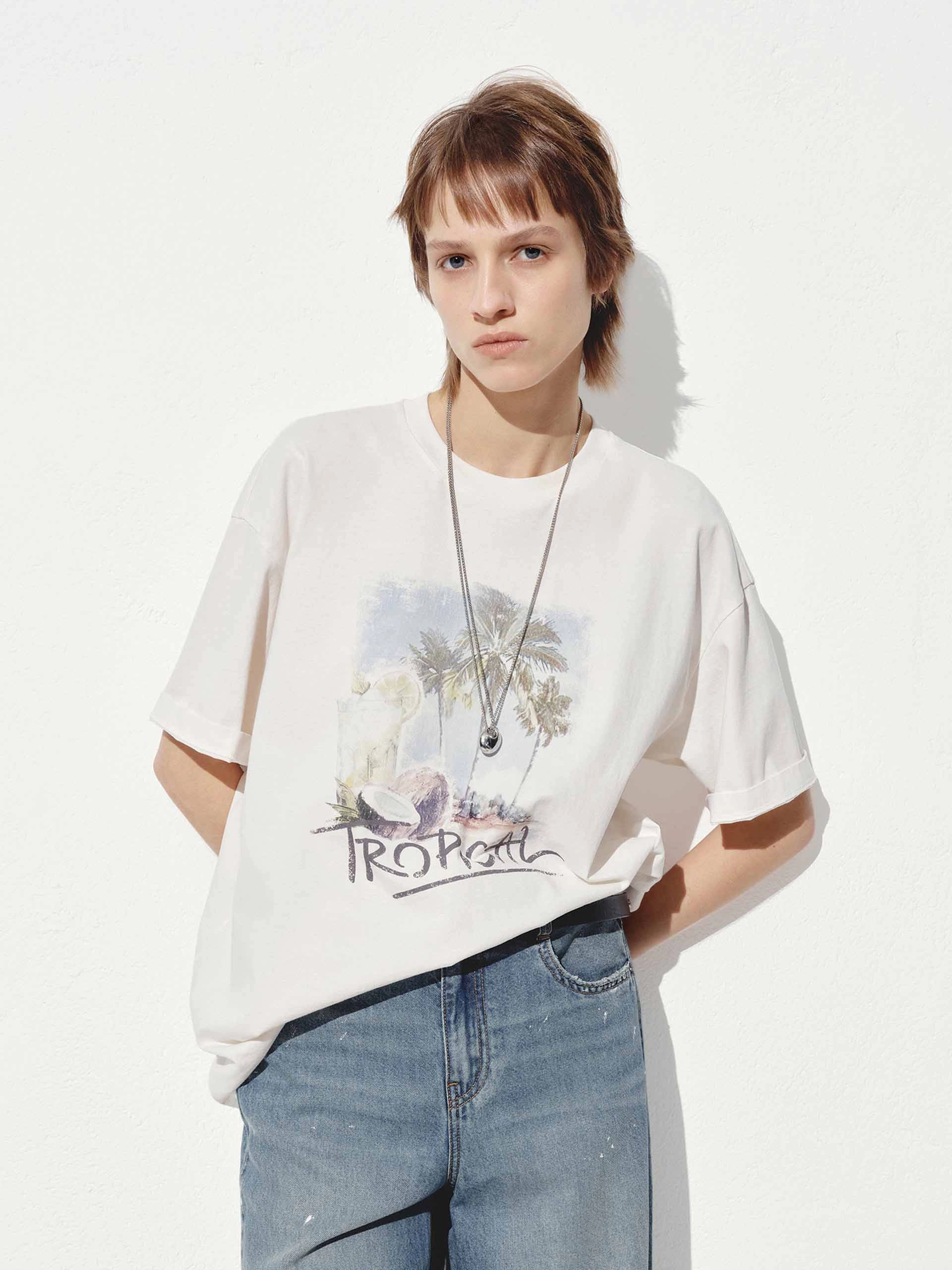 Tropical Cotton Print T-shirt Recycled Polyester Blend Basic Top