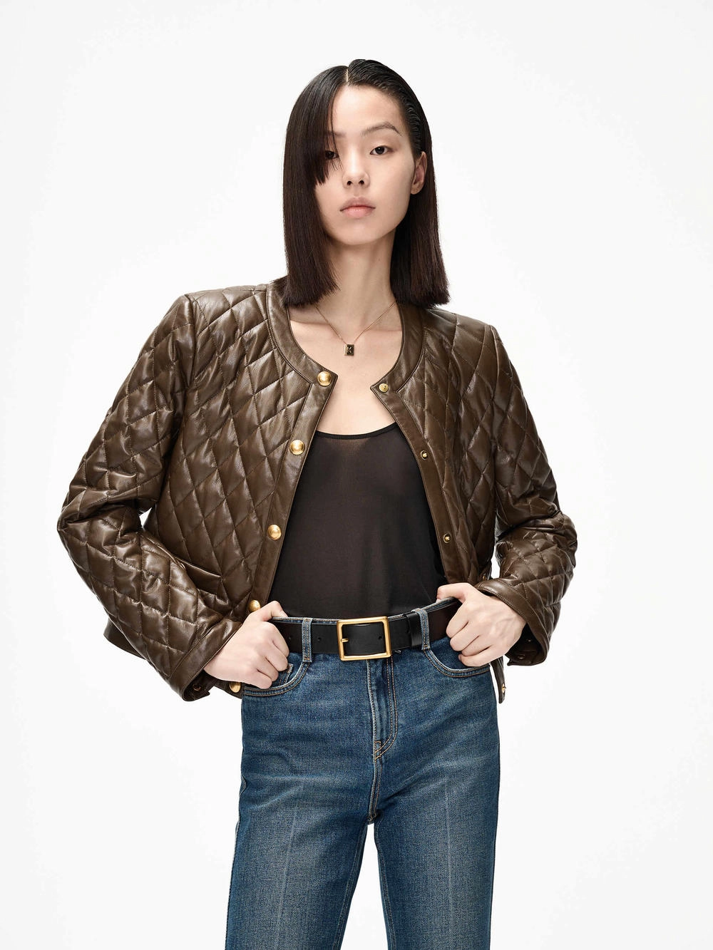 Modular Attachment Points Warmth Retention Technology Cropped Leather Puffer Jacket