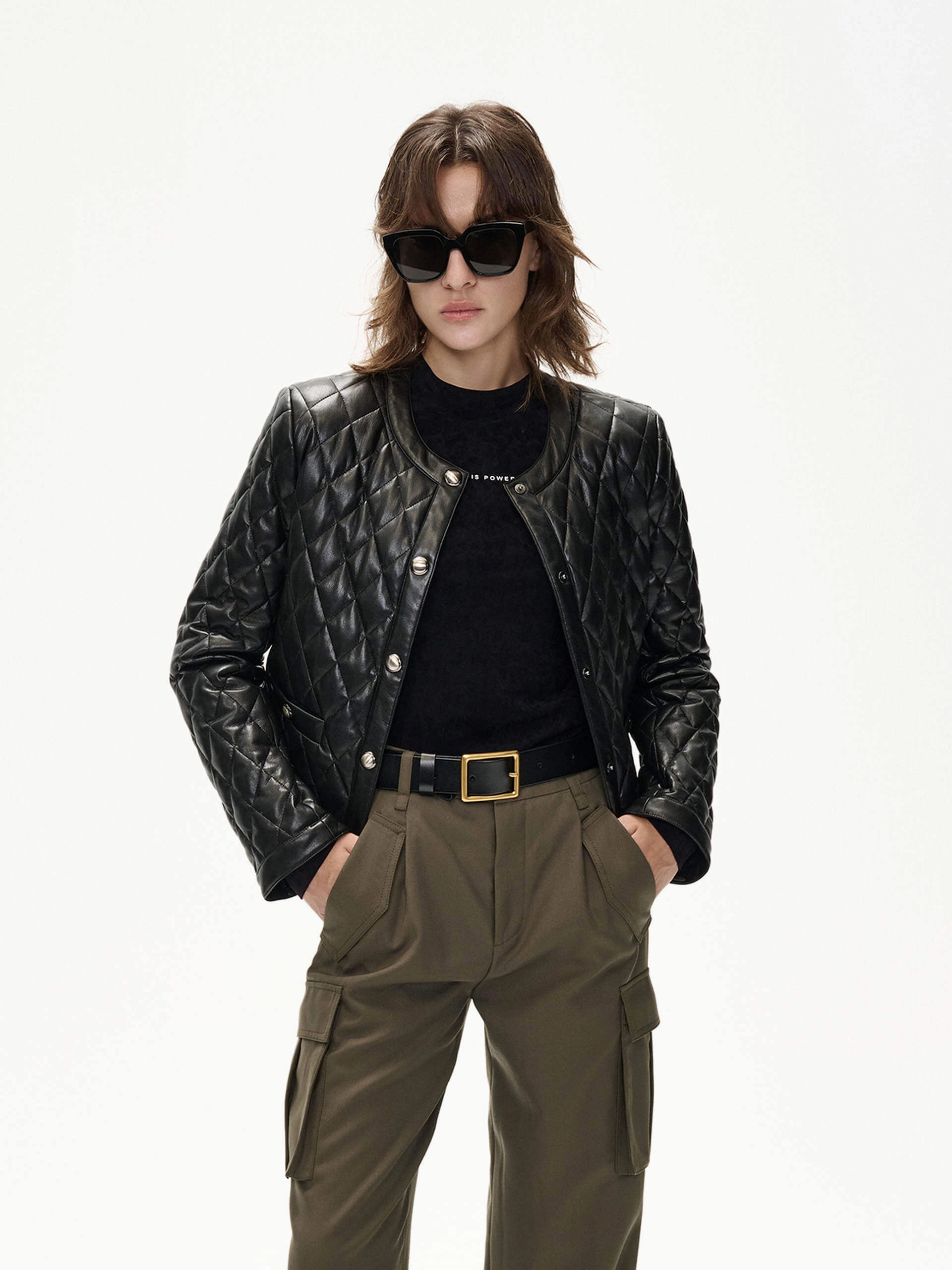 Cropped Leather Puffer Jacket Quilted Interior Layer Stretch Comfort
