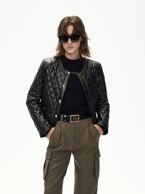 AbrasionResistantSurface Cropped Leather Puffer Jacket