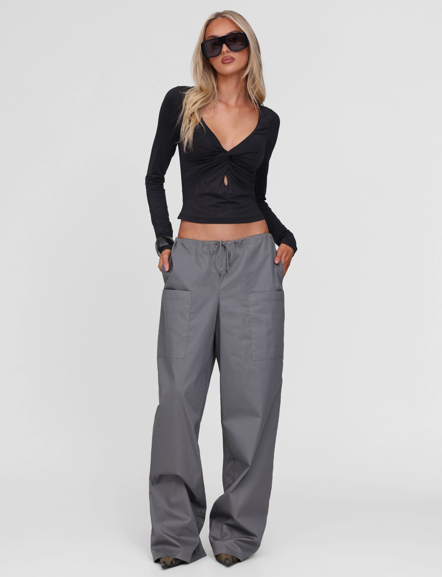 Side Ruching Relax Cut TYSHA PANT - CHARCOAL