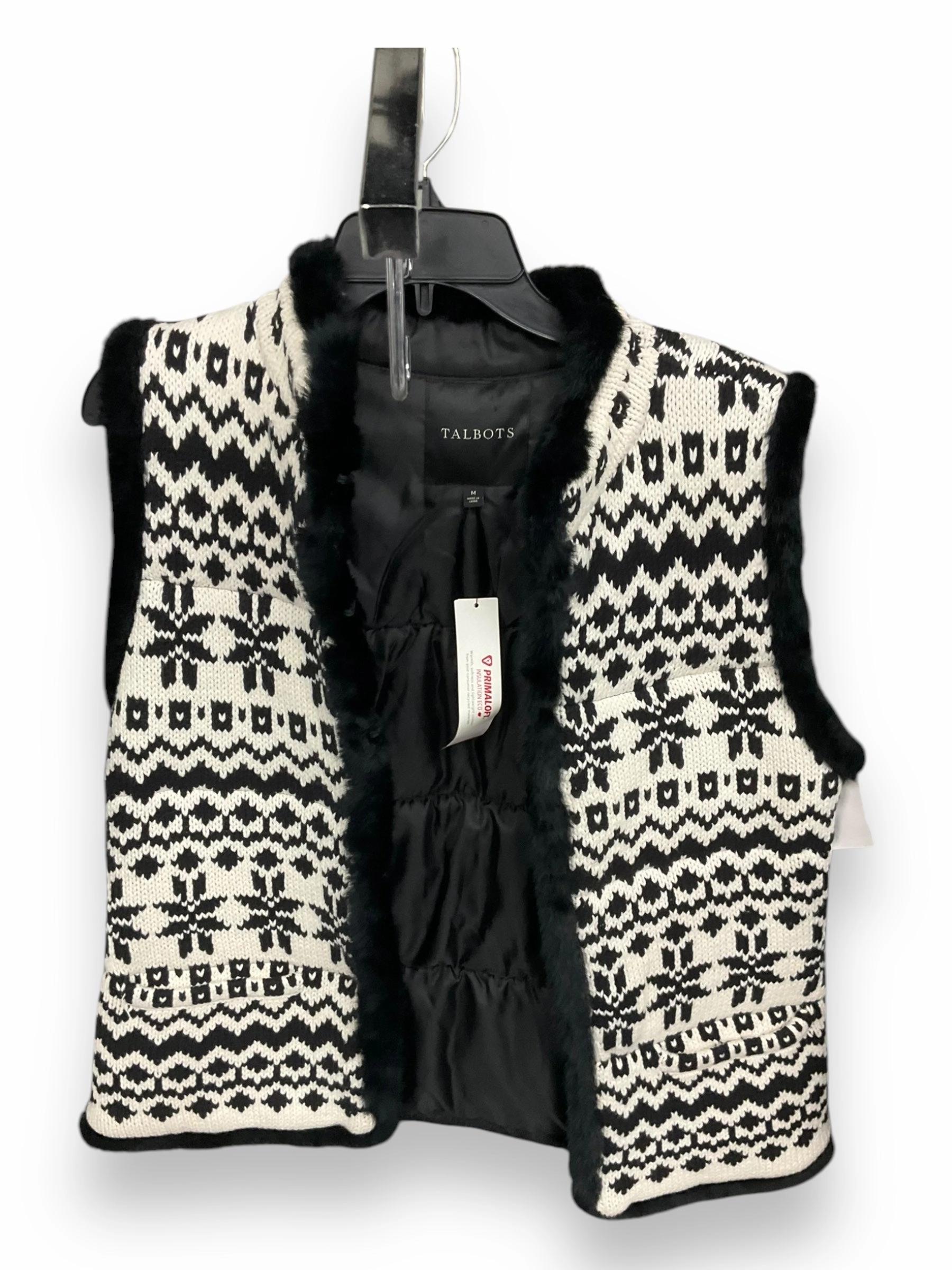 Warmth Retention Technology Adjustable Hood Feature Vest Faux Fur & Sherpa By Talbots In Black & White, Size: M