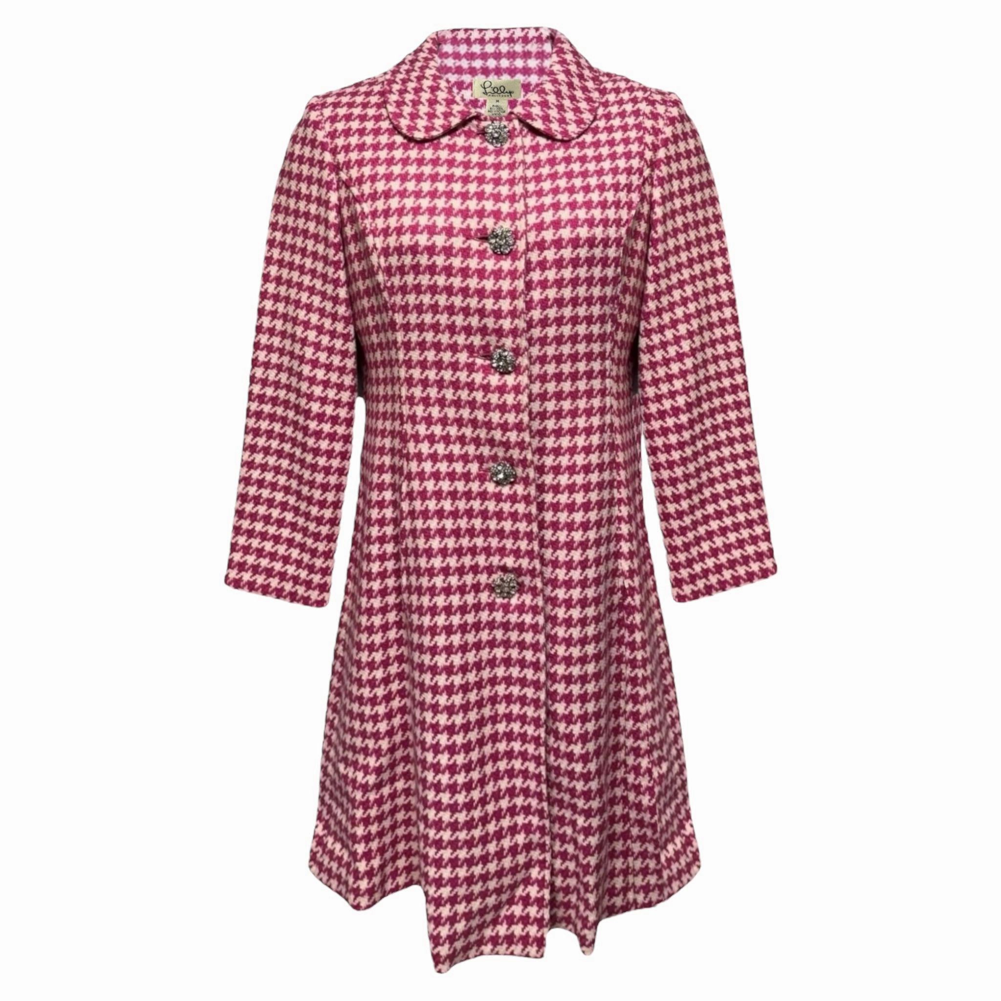 Vintage Houndstooth Coat Designer By Lilly Pulitzer In Pink & White, Size: M Easy Clean Material Flexible Waistband
