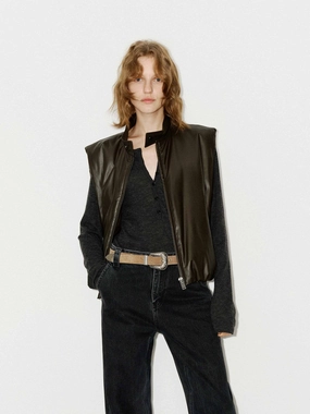 Leather Zip Down Vest Compression Layer Flexible Fiber Fill