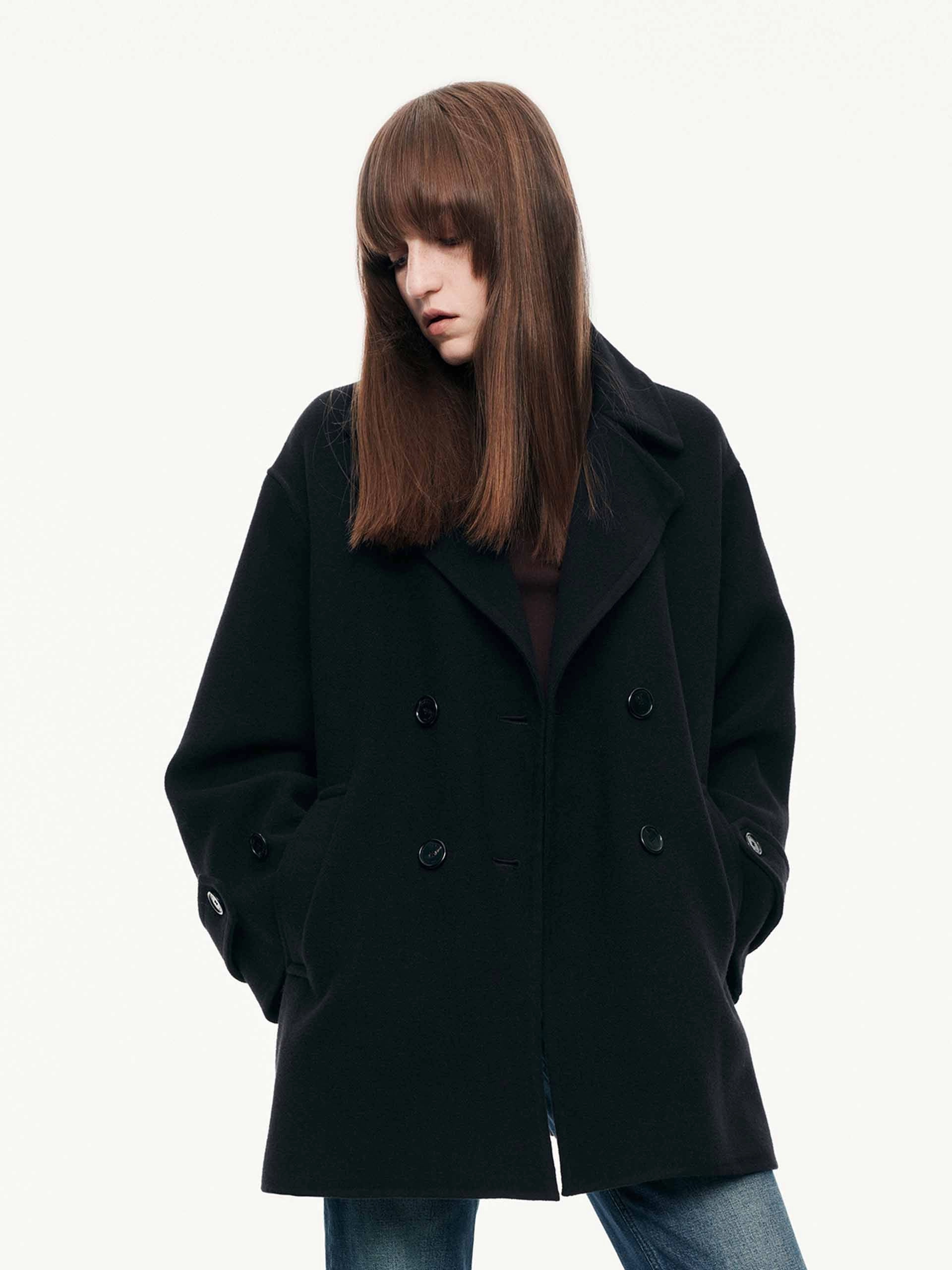 Temperature Regulating Fabric Stowable Hood Lapel Double Breasted Coat