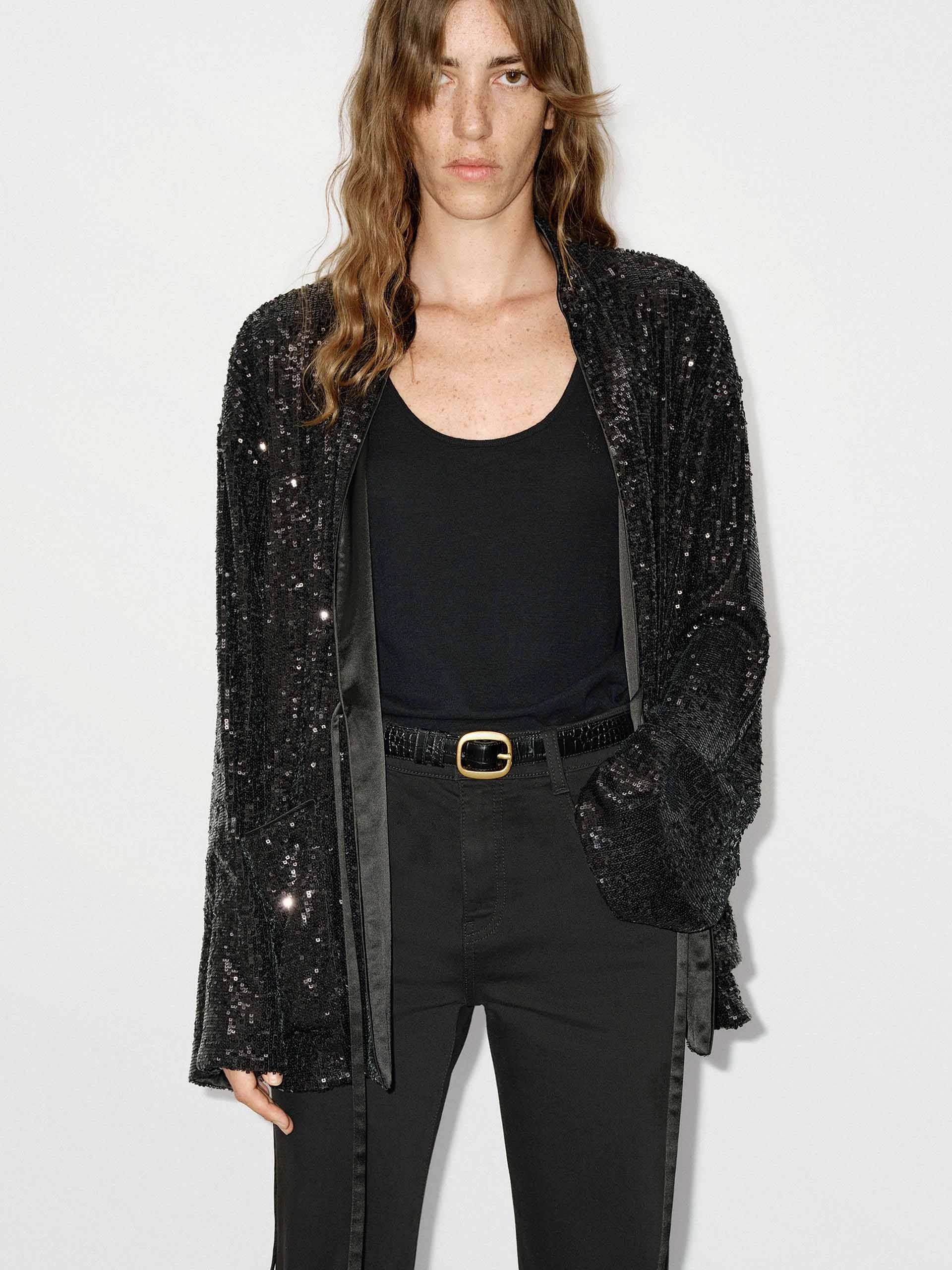 Noise Free Zipper High Collar Design Sequin Textured Loose Coat