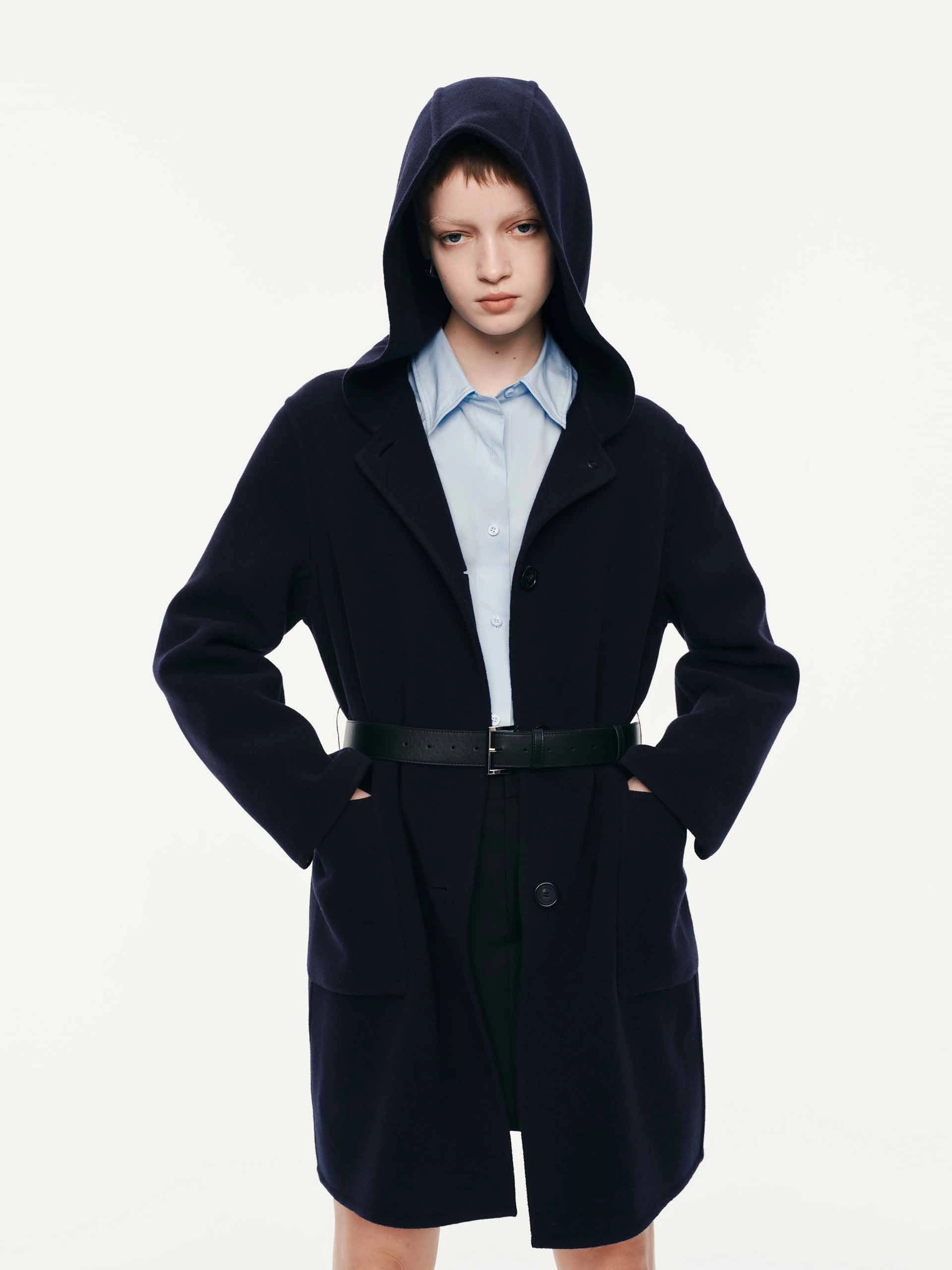 With Belt Hooded Coat Recycled Textile Concealed Zippers