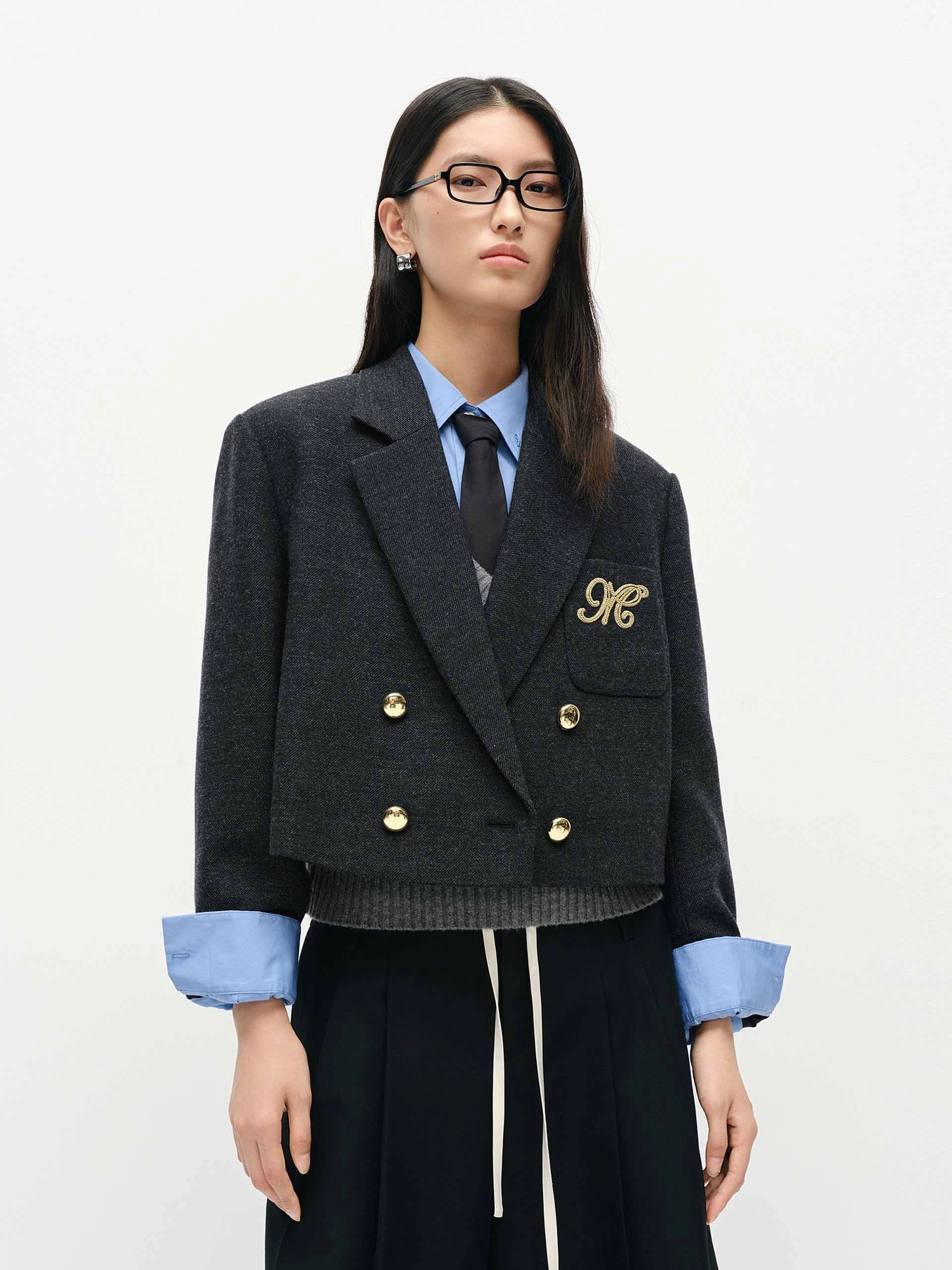 Temperature Regulating Fill Leather Bits Wool Blend Cropped Blazer