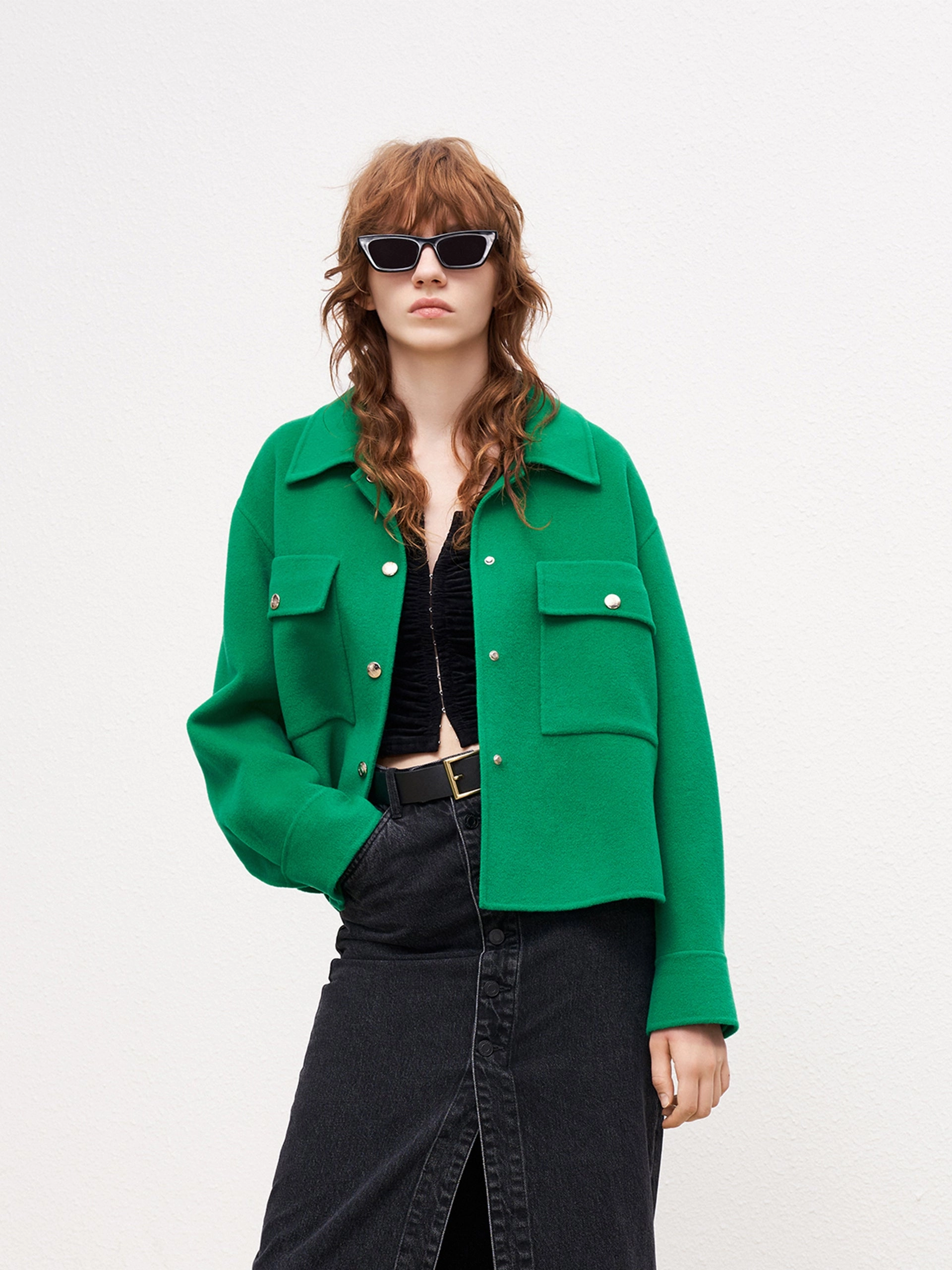 Wool Blend Cropped Jacket EcoFriendly Water Repellency