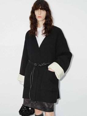Wool V-neck Midi Coat Durable Coating